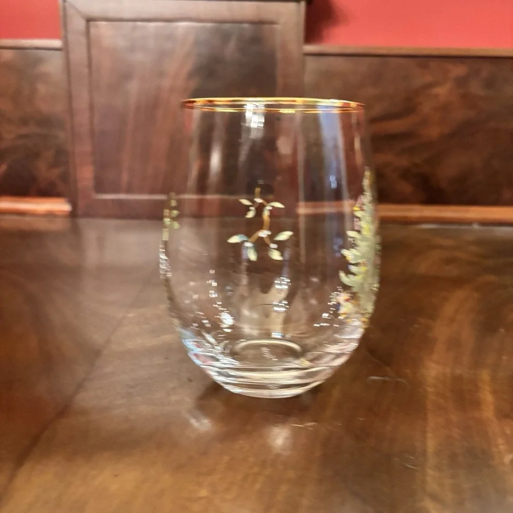 Spode Christmas Tree Stemless Wine Glasses Gold Trim Holiday Cocktail Set of‎ 2